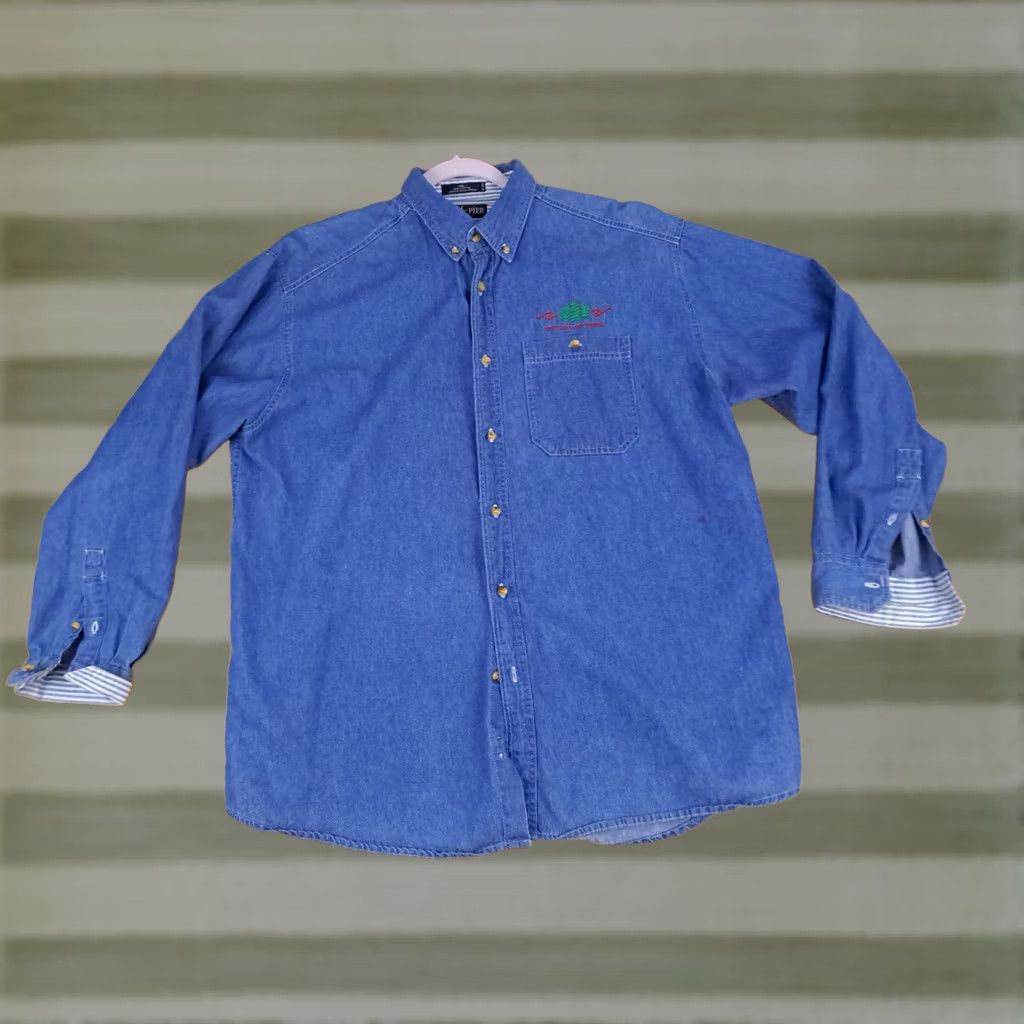 Vintage Festival of Trees Blue Jean Full Button Embroidered Shirt XL Unisex Adults Denim Button-Up Long Sleeve Blue Luna Pier Size US XL / EU 56 / 4 - 1 Thumbnail