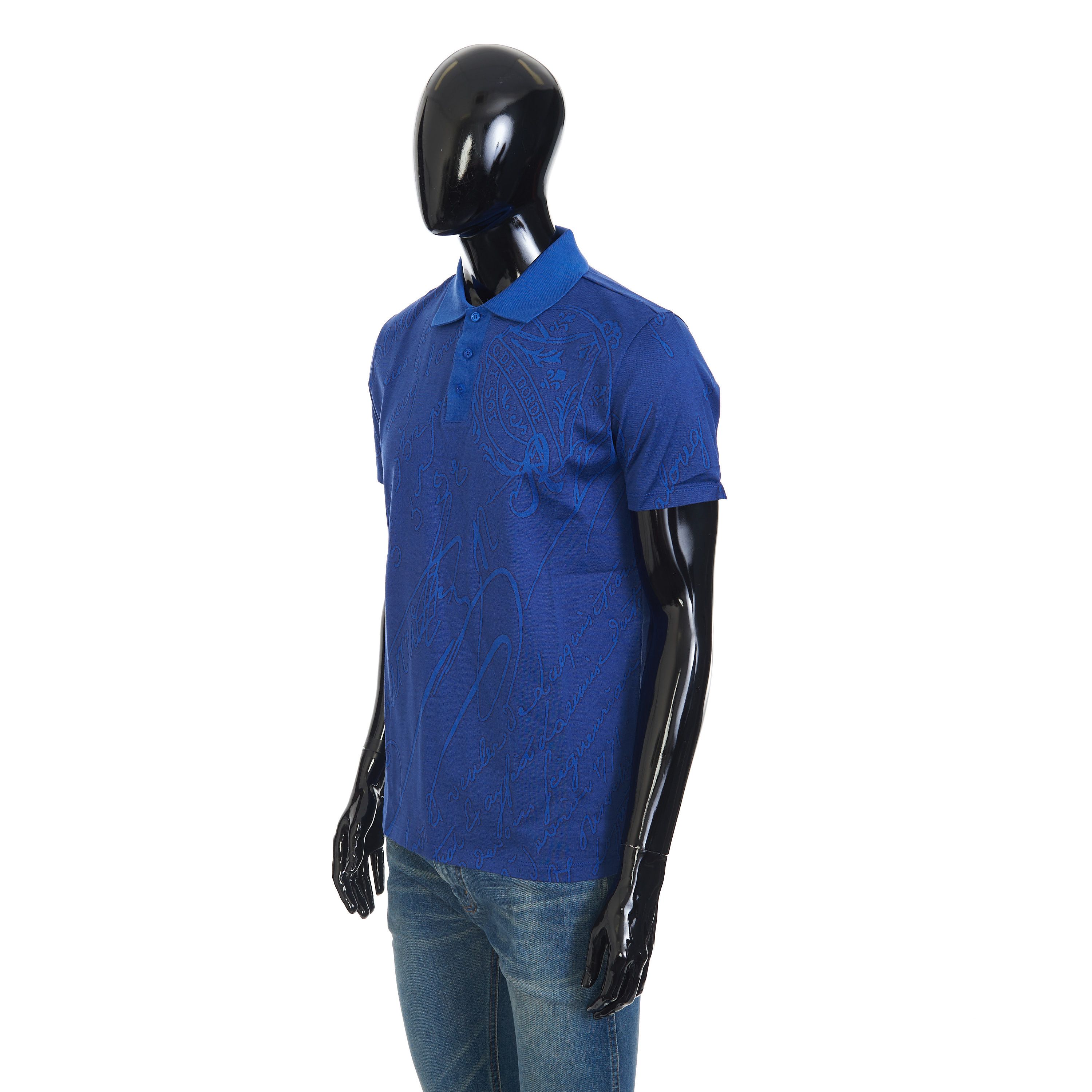 Berluti Polo Shirt In Vibrant Blue Scritto Jacquard Jersey Cotton Size US XS / EU 42 / 0 - 2 Thumbnail