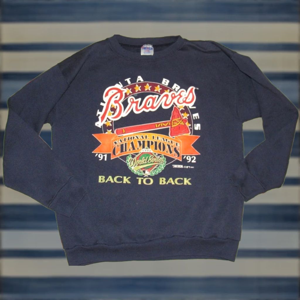 Vintage Vtg ATLANTA BRAVES Sweatshirt Back To Back Champs Large Shirt Mens Large Blue Braves Back To Back Champs Sweatshirt Size US L / EU 52-54 / 3 - 1 Thumbnail