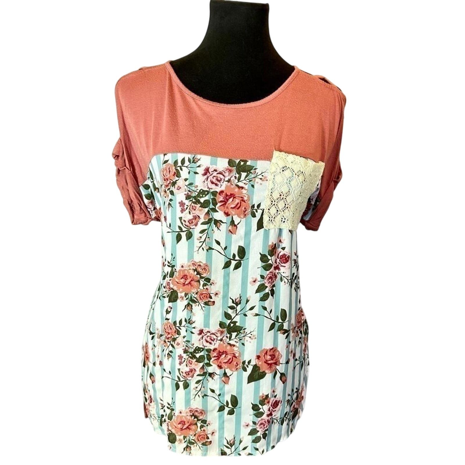 Designer Self Esteem Floral Striped Tunic with Lace Pocket Size M / US 6-8 / IT 42-44 - 2 Thumbnail