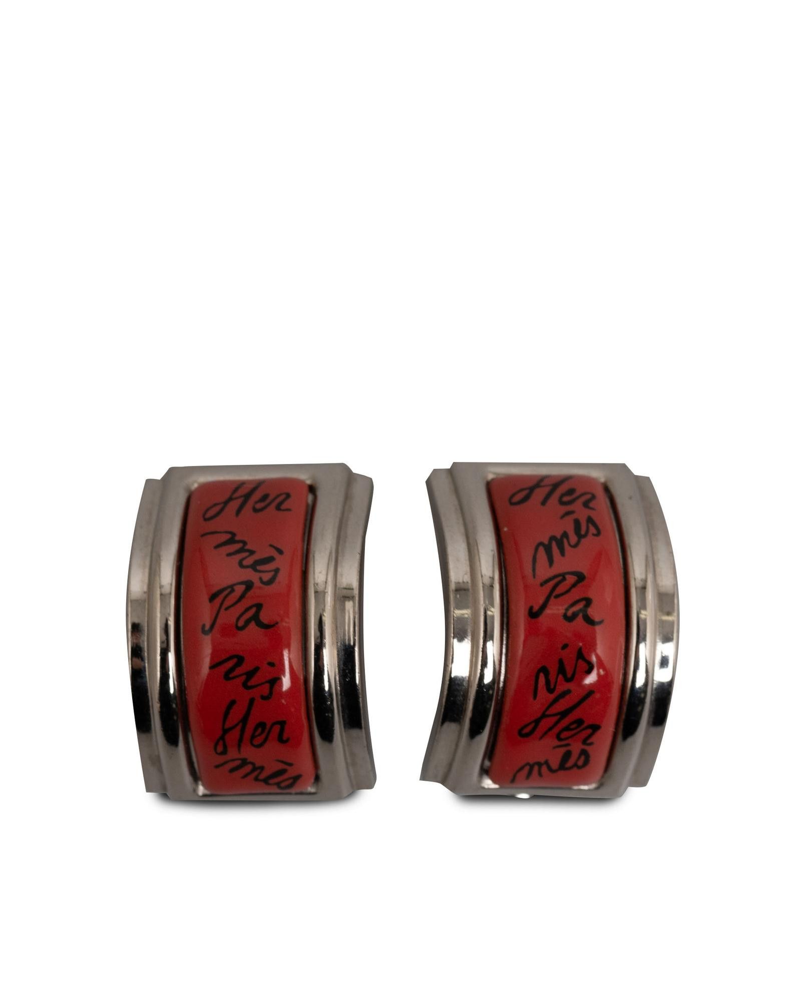 image of Hermes Printed Enamel Clip-On Earrings in Red, Women's