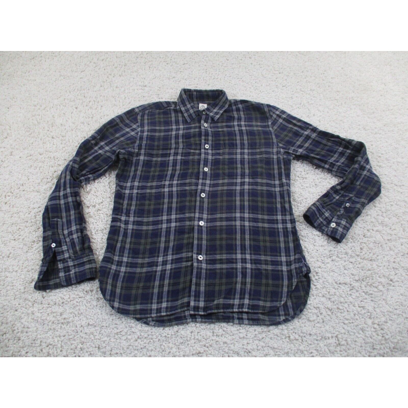 image of Hiroshi Kato Shirt Mens Small Blue Plaid Long Sleeve Button Linen Cotton Blend in White