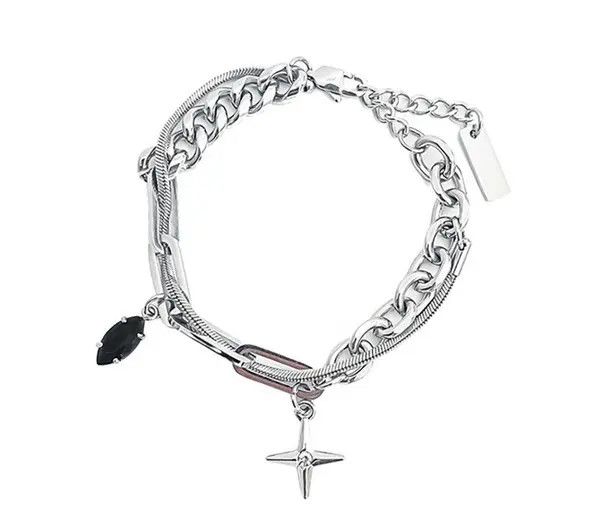 Jewelry Silver Chain Bracelet with Cross and Black Gem Charms Size ONE SIZE - 5 Thumbnail