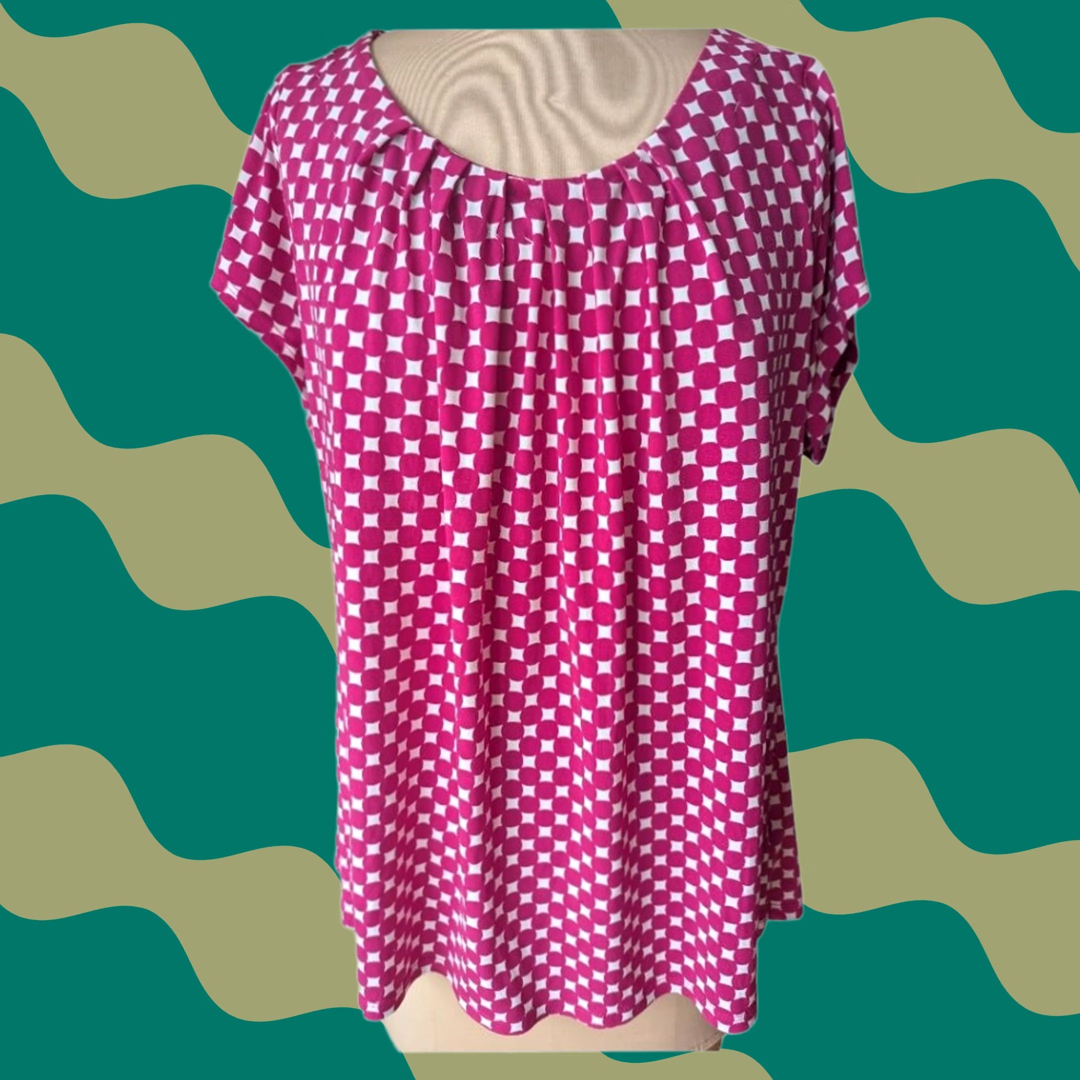 Worthington Worthington Pink White Geometric Circle Print Scoop Neck Short Sleeve Top Womens 1X Retro Size XL / US 12-14 / IT 48-50 - 1 Thumbnail