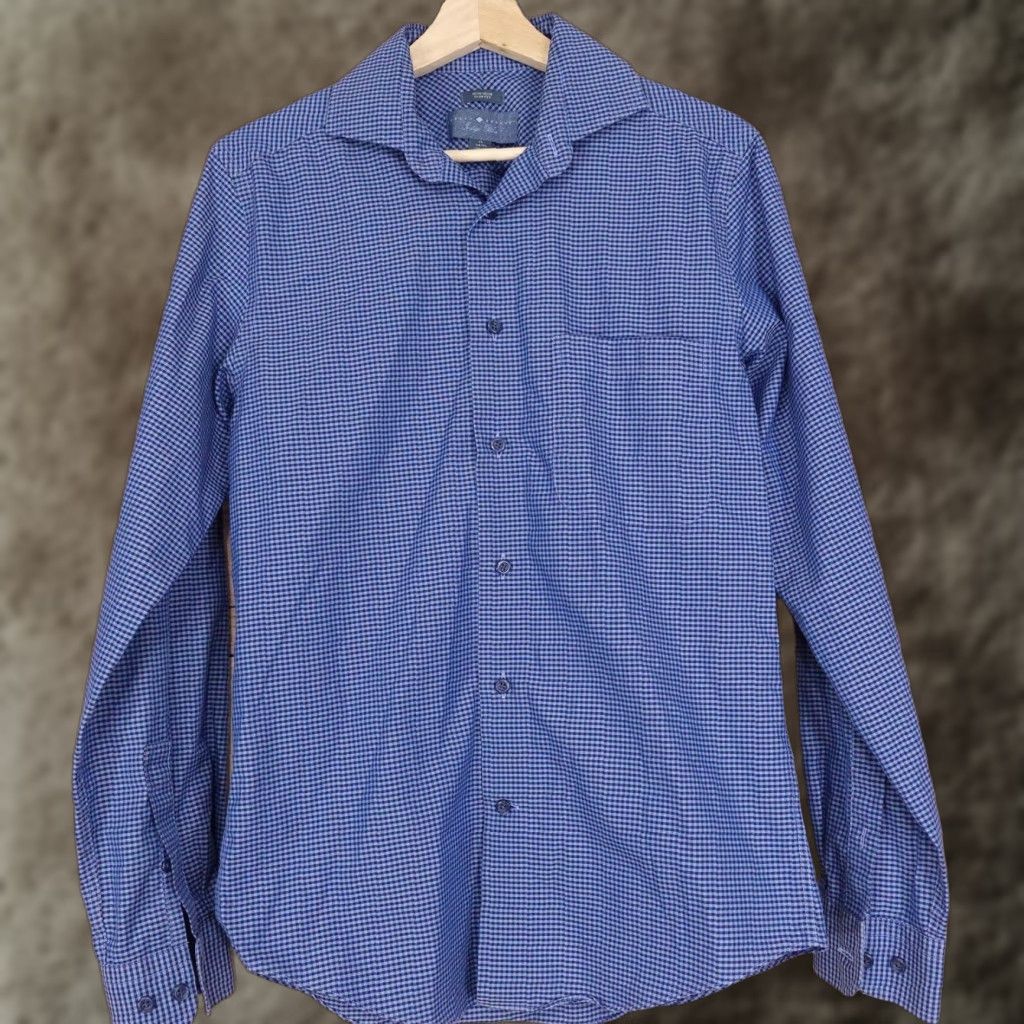 Joseph Abboud Joseph Abboud Indigo Blue Shirt Men Neck 16 Slim Non-Iron Gingham Dress 34/35 Sleeve 100% Cotton Mens Size US L / EU 52-54 / 3 - 1 Thumbnail