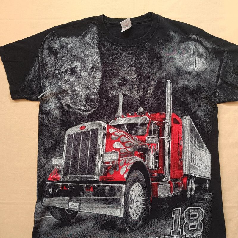 Fruit Of The Loom Truckers Black Tshirt Big Graphic Print Wolf Truck Mens M Size US M / EU 48-50 / 2 - 3 Thumbnail