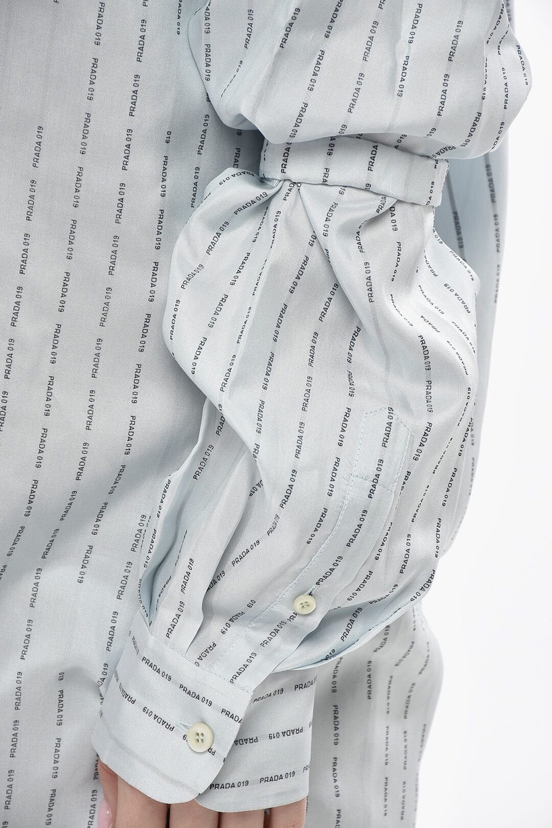 Prada og1mm0426 Monogram-Print Silk Shirt in Light Blue Size M / US 6-8 / IT 42-44 - 3 Thumbnail