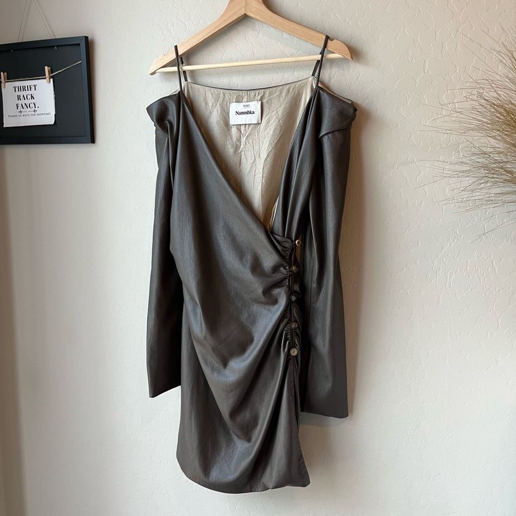 Nanushka Nanushka Surplice Cold Shoulder Brown Faux Leather Mini Dress Size Medium Size M / US 6-8 / IT 42-44 - 3 Thumbnail