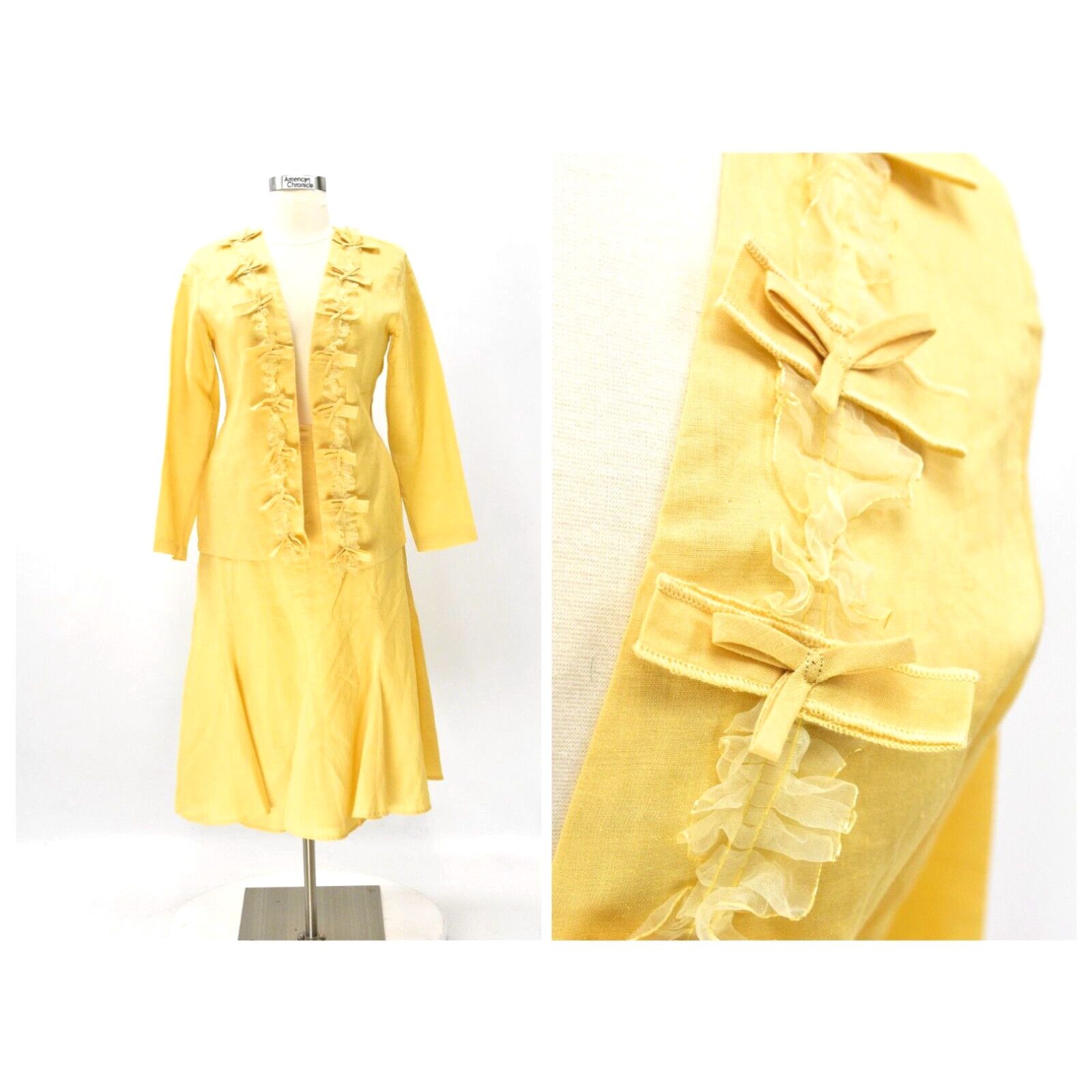 image of 90's Vintage Yellow Linen Skirt Suit Bows & Lace Detailing Womens 12 Couture Inc in White