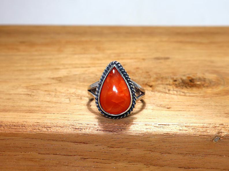 Handmade Pear Carnelian 925 Sterling Silver Ring - August Birthstone Size ONE SIZE - 1 Thumbnail