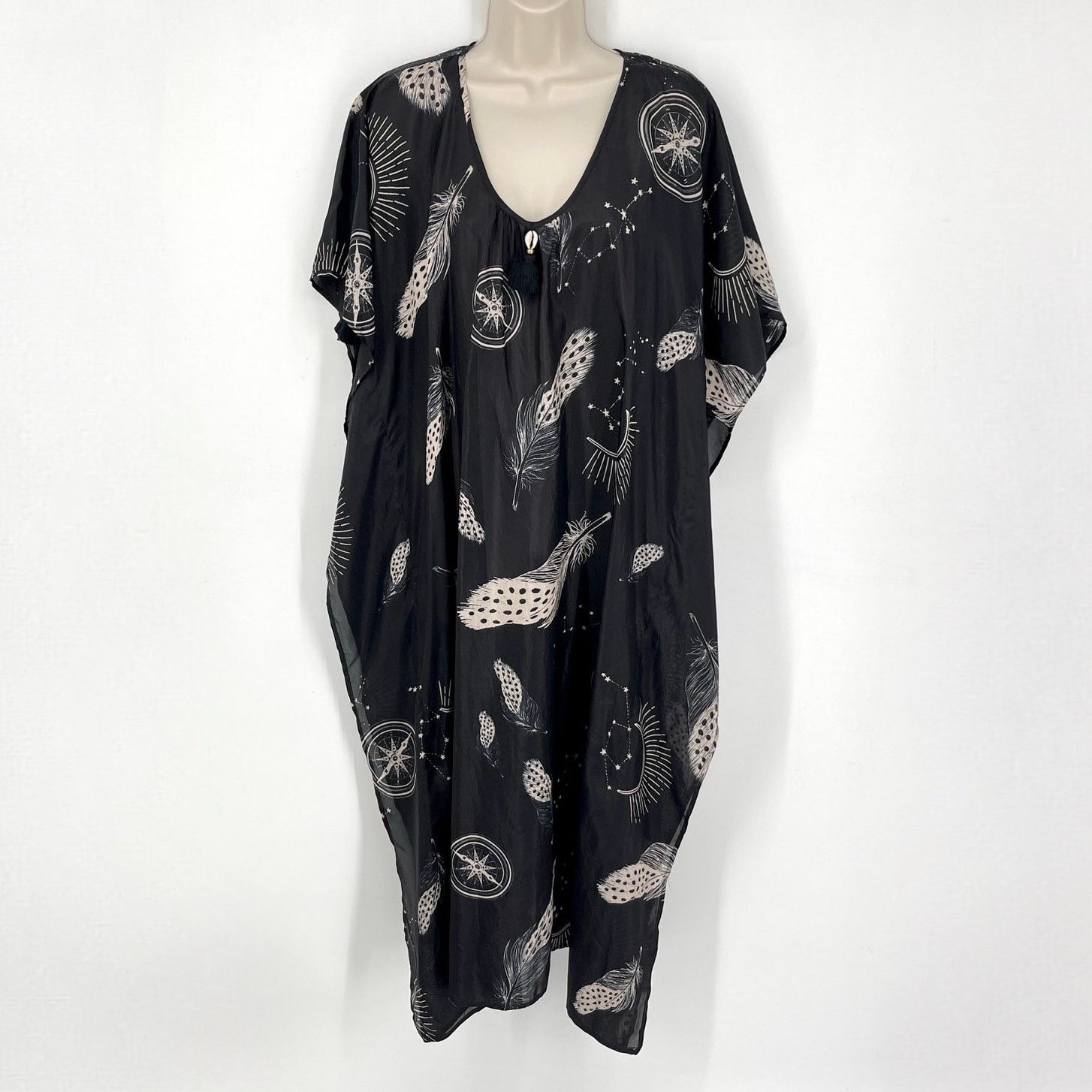 Figue Silk Midi Tassel Kaftan Sz L Black Tan Sheer Celestial