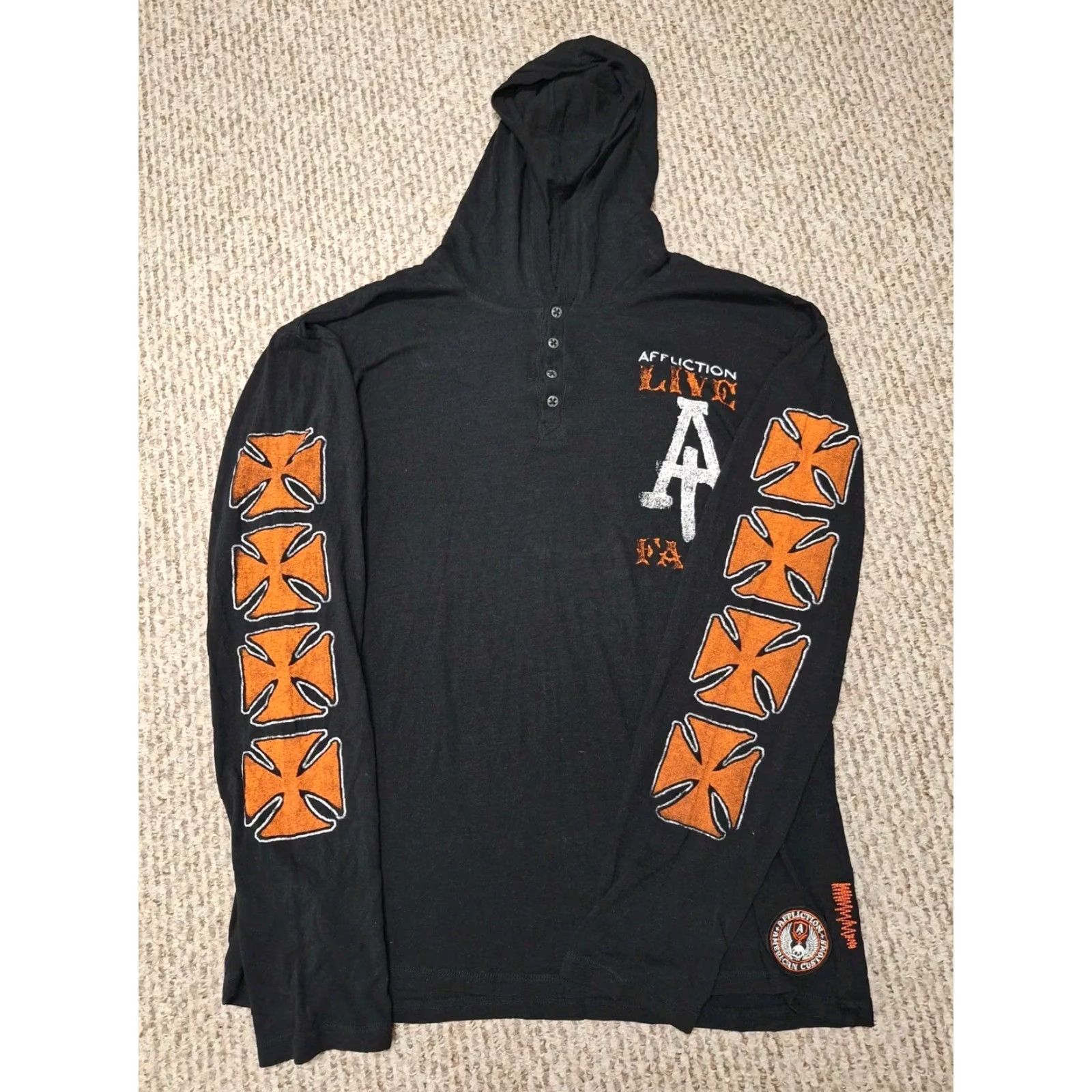 Affliction Vtg Y2k Affliction Graphic Hooded Henley Shirt Hoodie Men’s XL Skull Cross Wings Shirt Size US XL / EU 56 / 4 - 2 Thumbnail