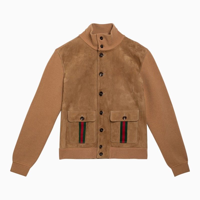 image of Gucci Camel-Coloured Suede And Wool Bomber Jacket in Brown, Men's (Size XL)