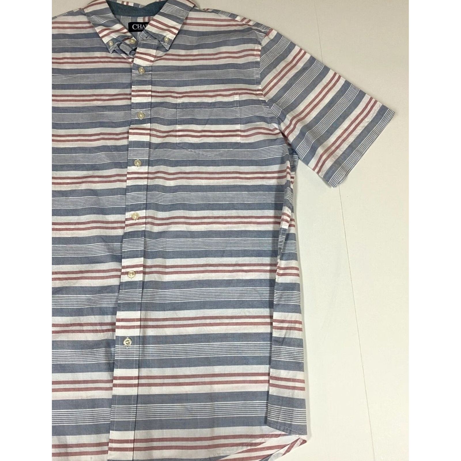Chaps Chaps Shirt L Men Blue Striped Button-Down Short Sleeve Cotton Knit Casual Surf 90s? Size US L / EU 52-54 / 3 - 2 Thumbnail