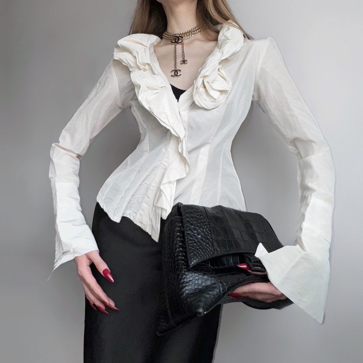 image of Beautiful Vintage Mesh Blouse Shirt in Black, Women's (Size Small)