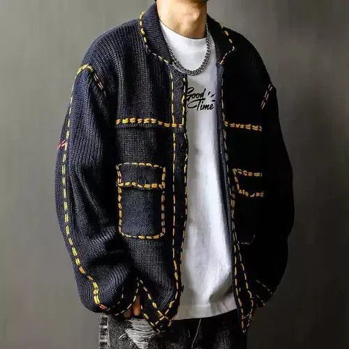 Aran Isles Knitwear Contrast Stitch Knitted Sweater Jacket - Patch Pockets Size US XL / EU 56 / 4 - 7 Thumbnail