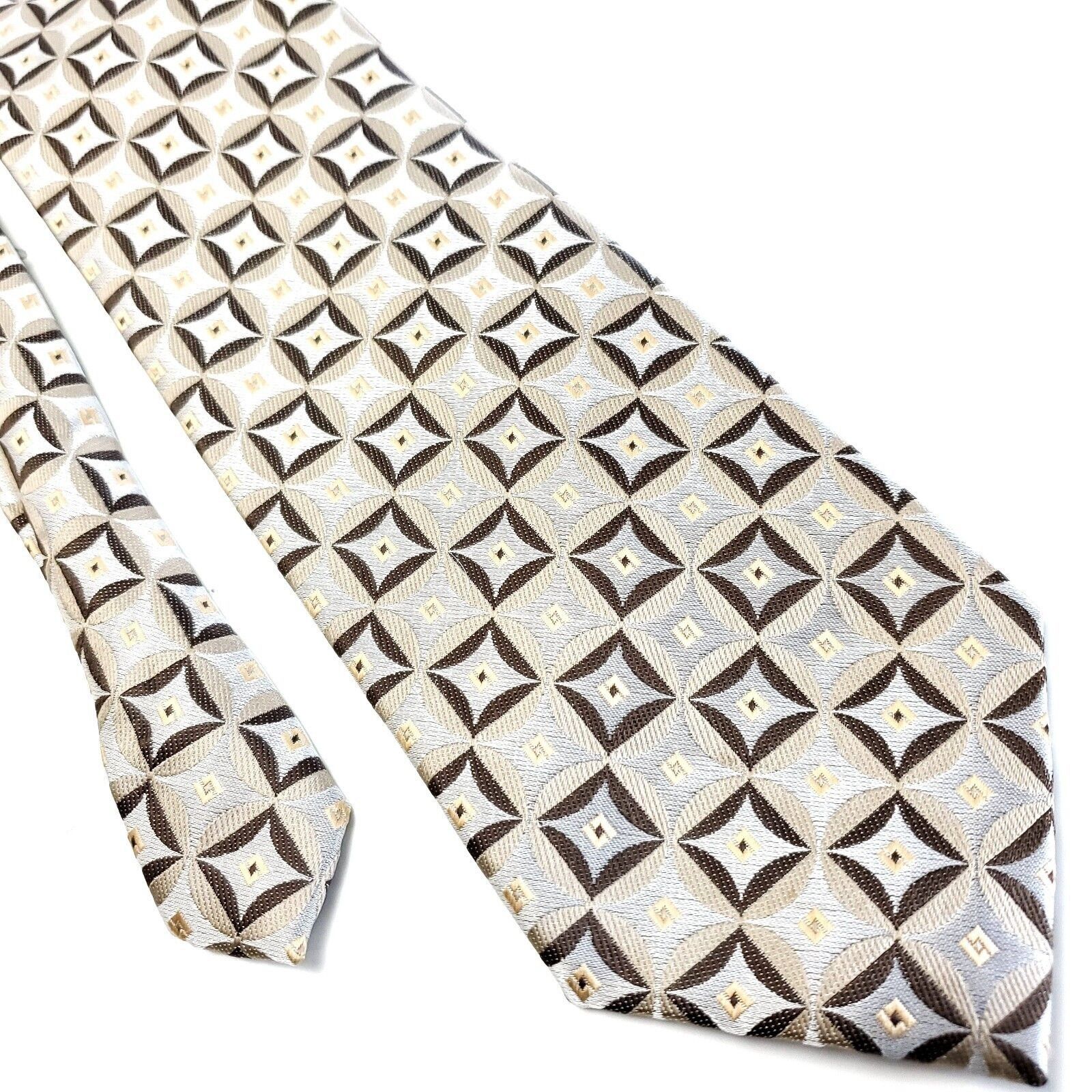 Designer Valerio Garati Beige Brown Silk Tie Woven Geometric Size ONE SIZE - 1 Thumbnail