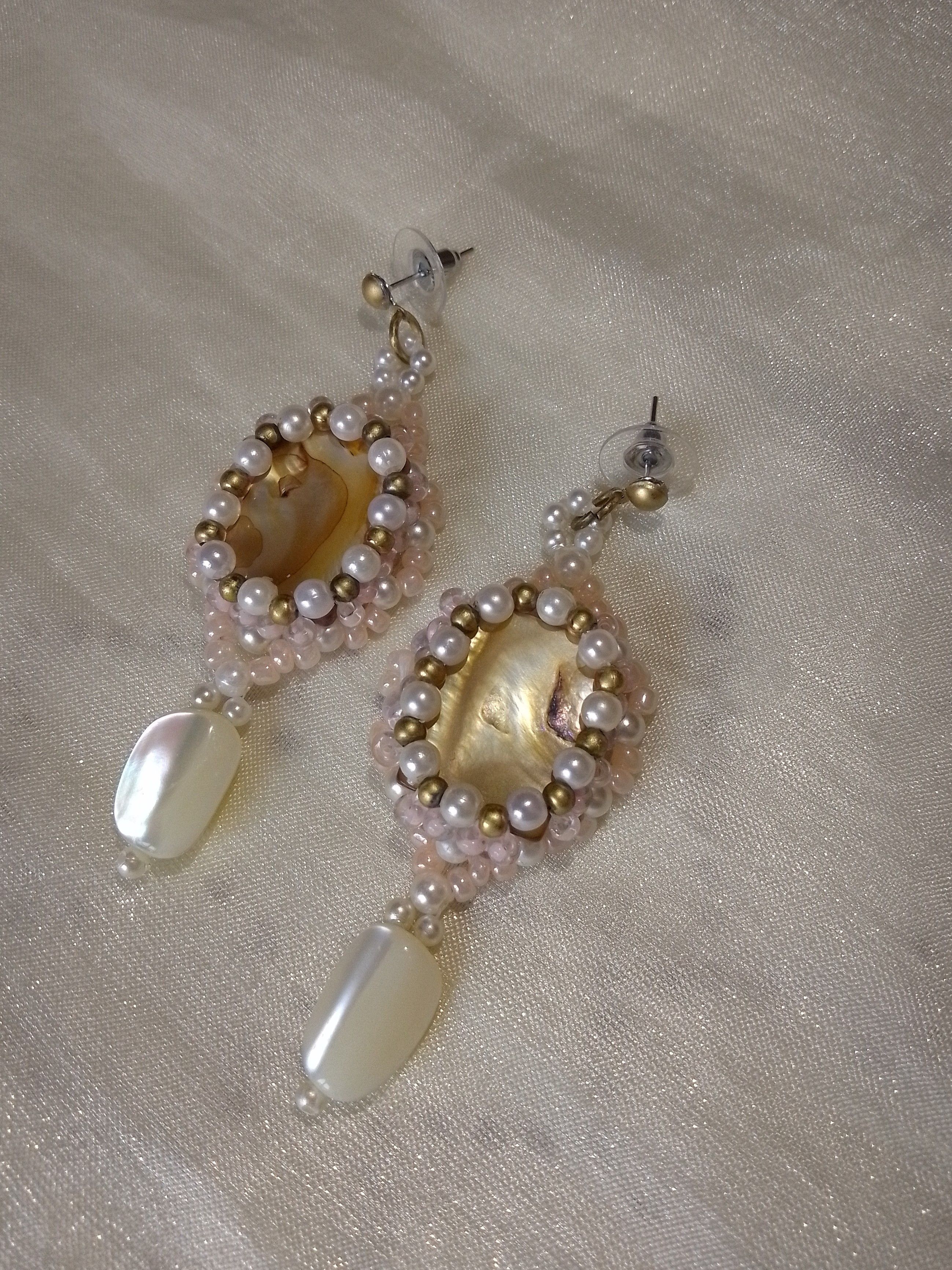 Handmade Precious Earrings Mother of Pearl Gemstones Antique '70 Size ONE SIZE - 6 Thumbnail