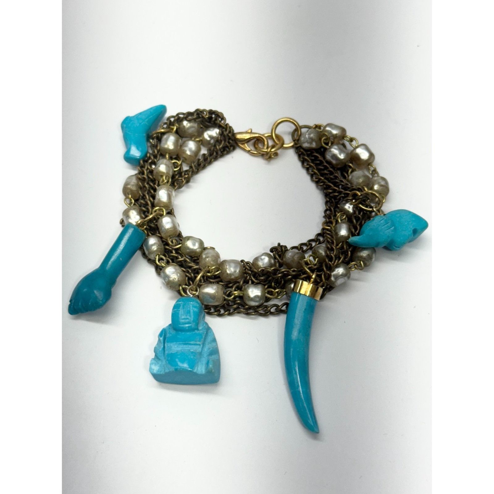 Vintage Vintage multi chain pearl semi precious stone charm bracelet Size ONE SIZE - 4 Thumbnail