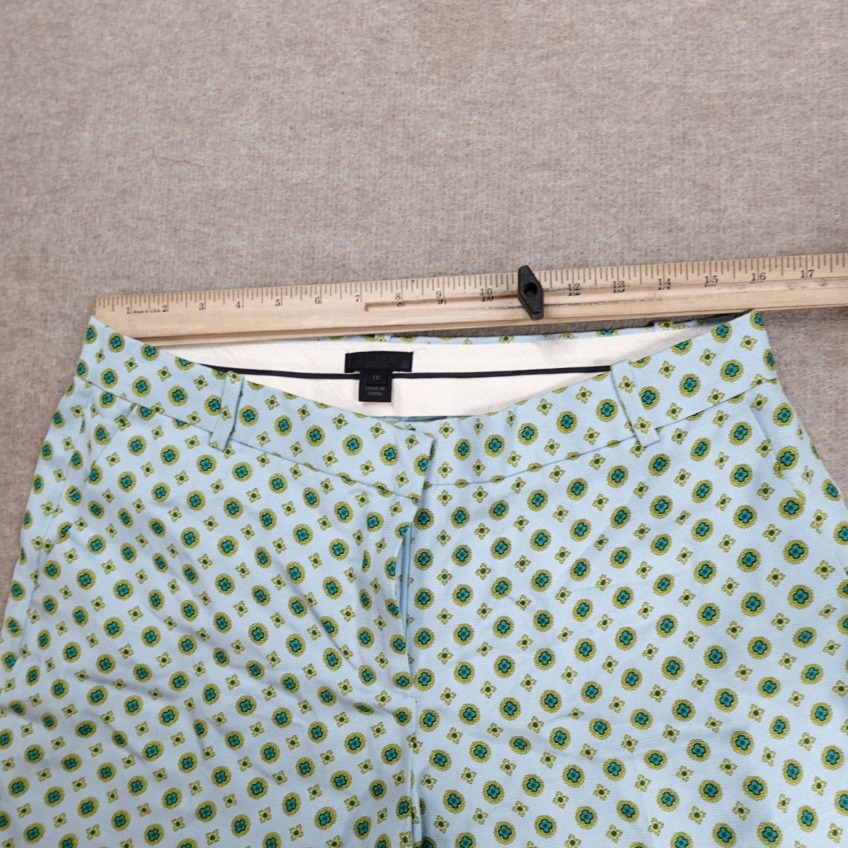 J.Crew J.CREW Collection Pants Women's 10 Blue Green All Over Print Silk Linen 84374 Geometric Flared Ankle Pockets Size 32" / US 10 / IT 46 - 7 Thumbnail