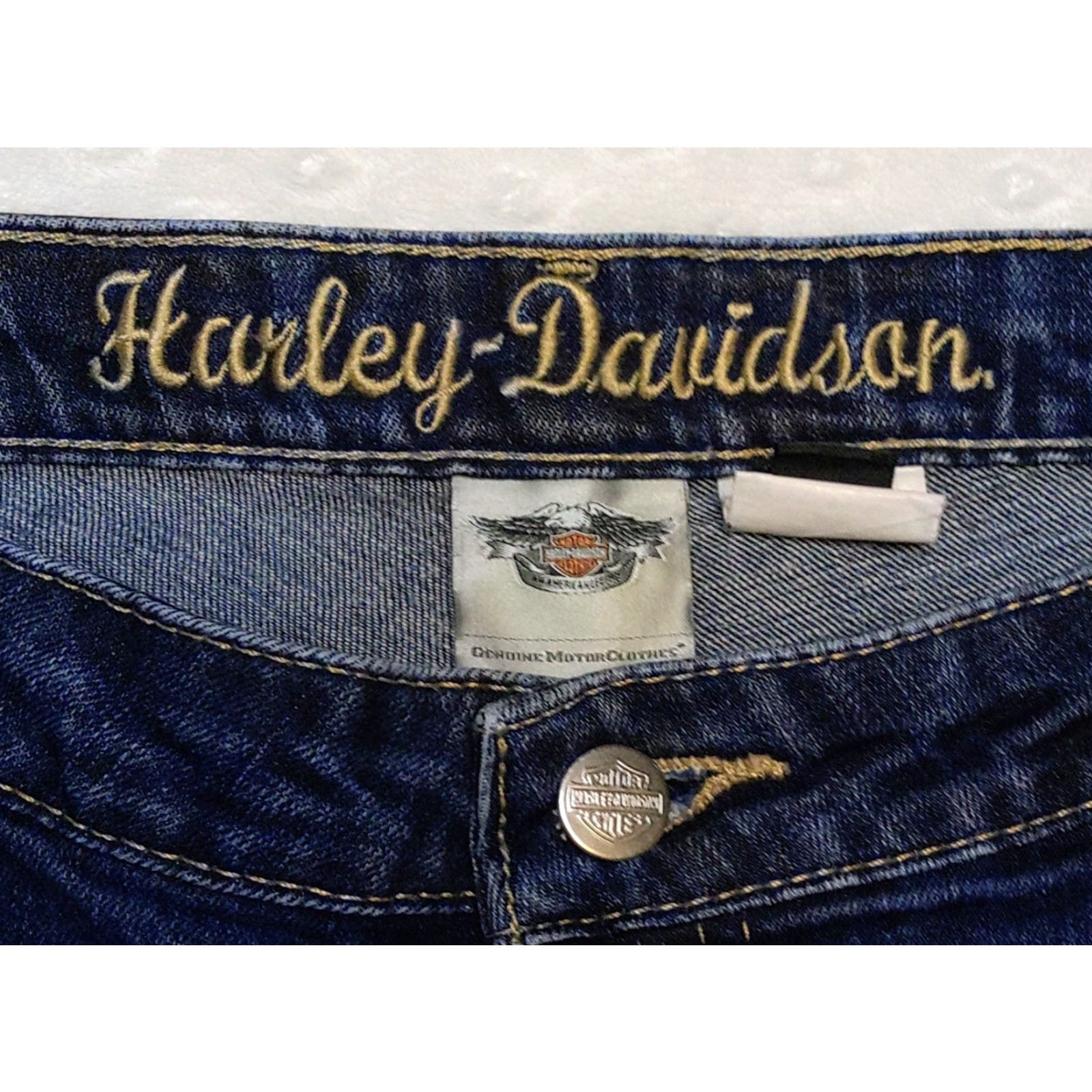 Harley Davidson Harley-Davidson Jeans Boots Cut Embellished Mid-Rise 12 Women Dark Blue 34x32 Denim 5-Pocket USA Vintage Theme Mens Womens boys Girls Size 34" / US 12 / IT 48 - 5 Thumbnail