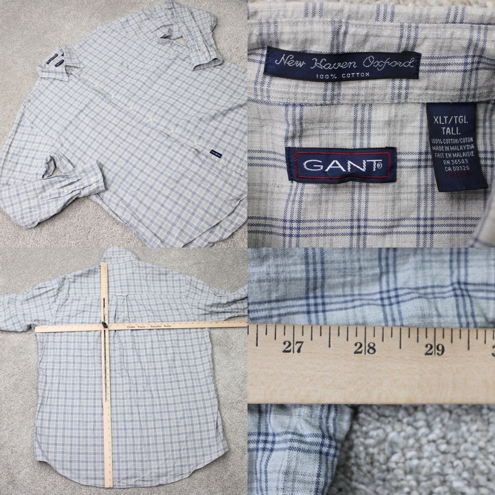 Gant GANT Shirt Mens XLT Gray/Blue New Haven Oxford 100% Cotton Long Sleeve Button Up Casual, Shirt, Plaid, 90s Theme Mens XLT Size US XL / EU 56 / 4 - 8 Thumbnail