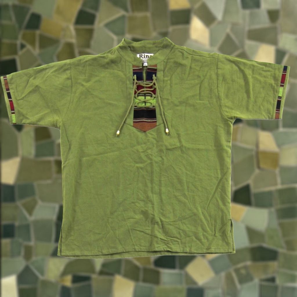 Olive VINTAGE Rina Shirt Men M Olive Green 100% Cotton Guatemala Hippie Short Sleeve Henley Neck Tie Casual Travel Vintage Fashion Size US M / EU 48-50 / 2 - 1 Thumbnail