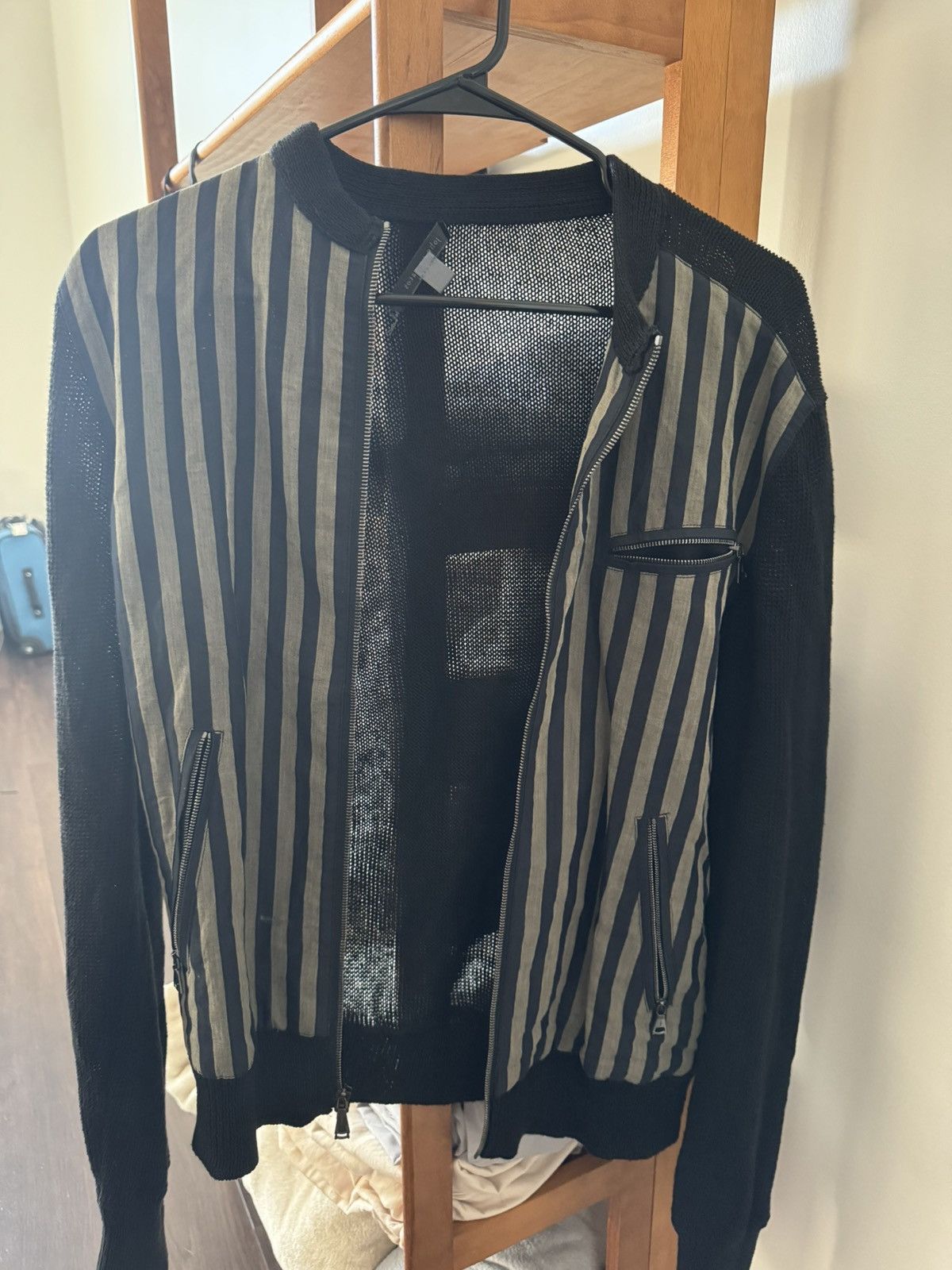 John Varvatos Black Grey Bomber- Striped Linen Blend Full Zip Size US S / EU 44-46 / 1 - 1 Thumbnail