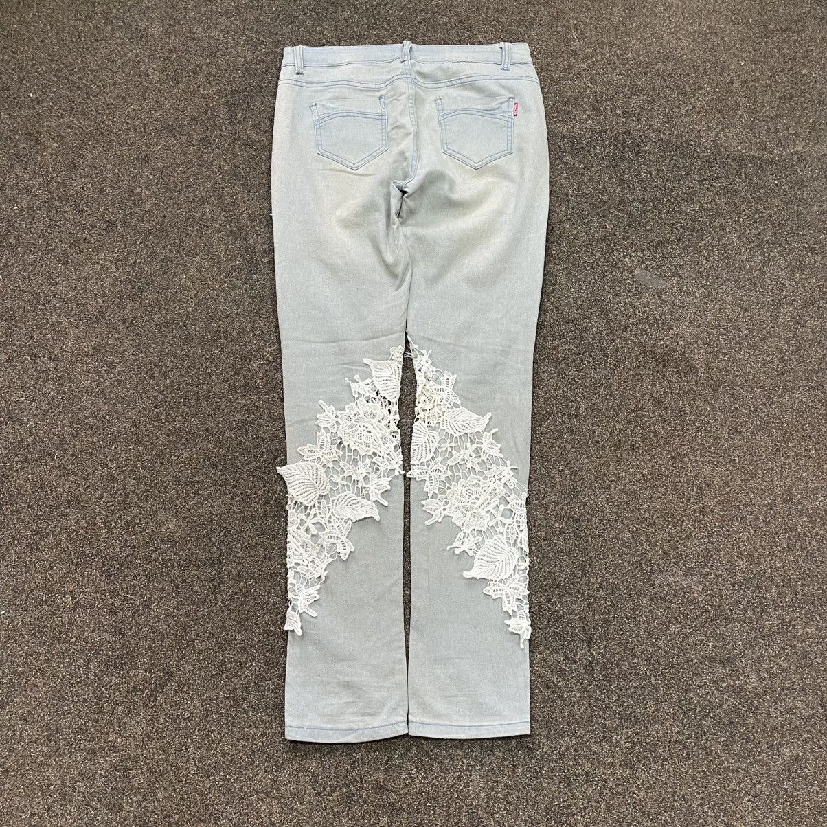 Vintage Y2K Vintage Floral Lace Distressed Wide Leg Jeans Cream Punk Size 32" / US 10 / IT 46 - 3 Thumbnail