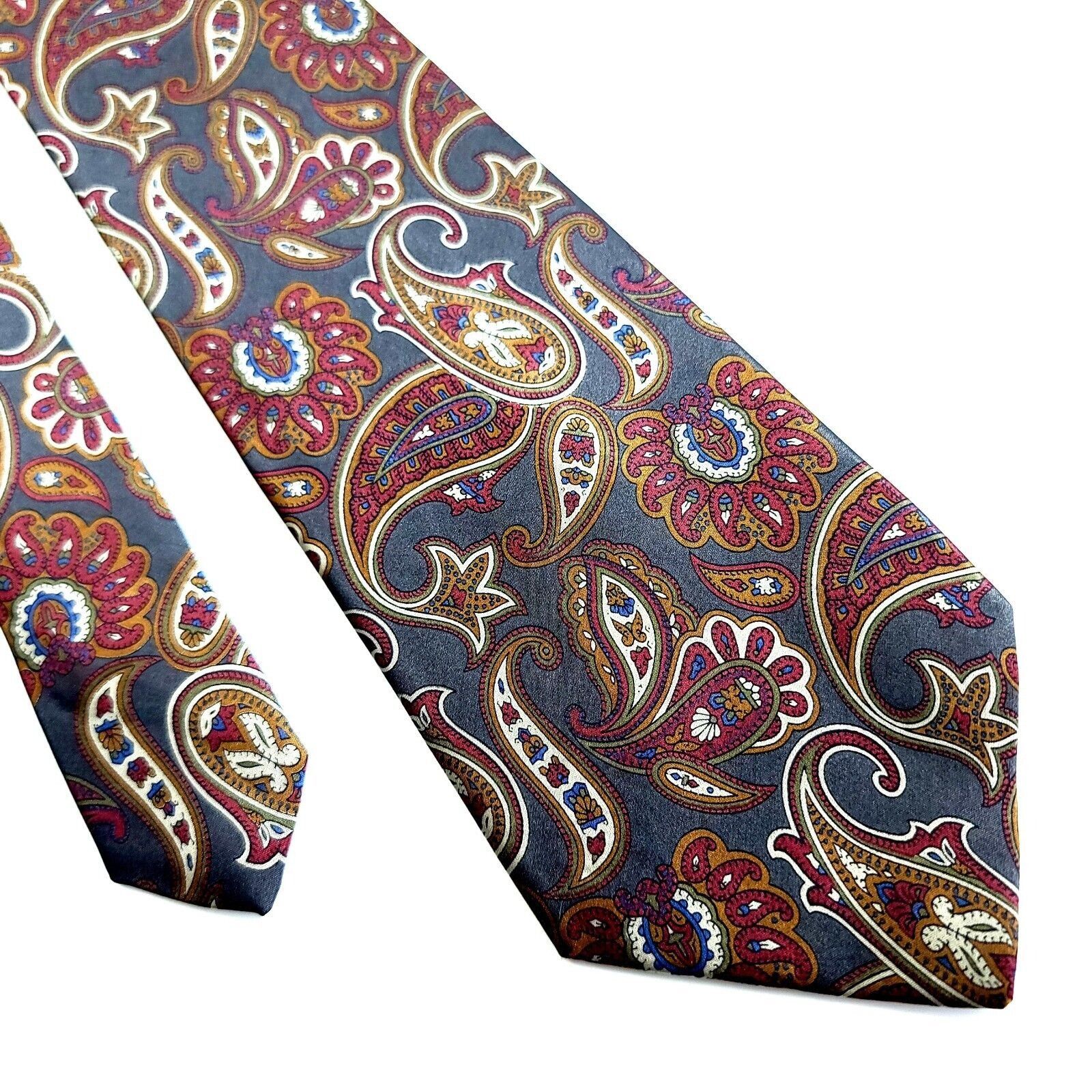 Designer Geoffrey Beene Gray Red Orange Paisley Print Wide Silk Tie Size ONE SIZE - 1 Thumbnail