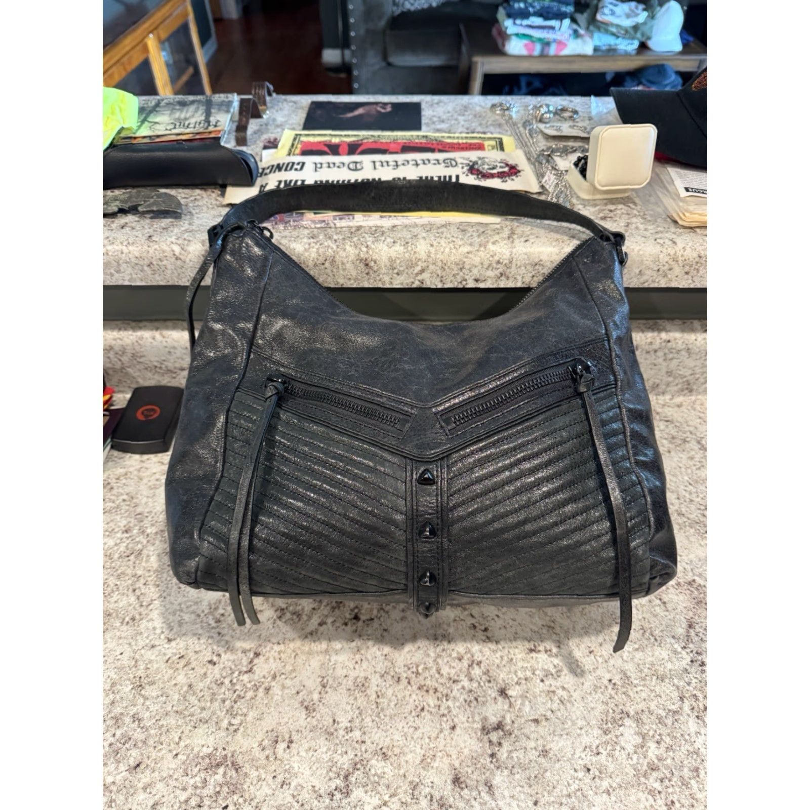 Vintage Botkier New York Black Metallic Leather Hobo Satchel Bag Purse Women Large Leather Black Metallic Finish Size ONE SIZE - 4 Thumbnail