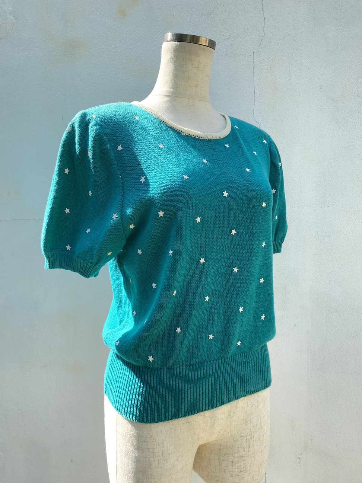 Vintage Paserio Teal Puff Sleeve Knit Top with Star Pattern Size S / US 4 / IT 40 - 16 Thumbnail