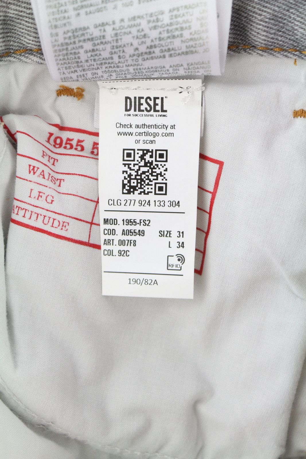 Diesel 1955-FS2 007F8 W31/L34 Side Zip Regular Straight 85390 Size US 31 - 13 Thumbnail