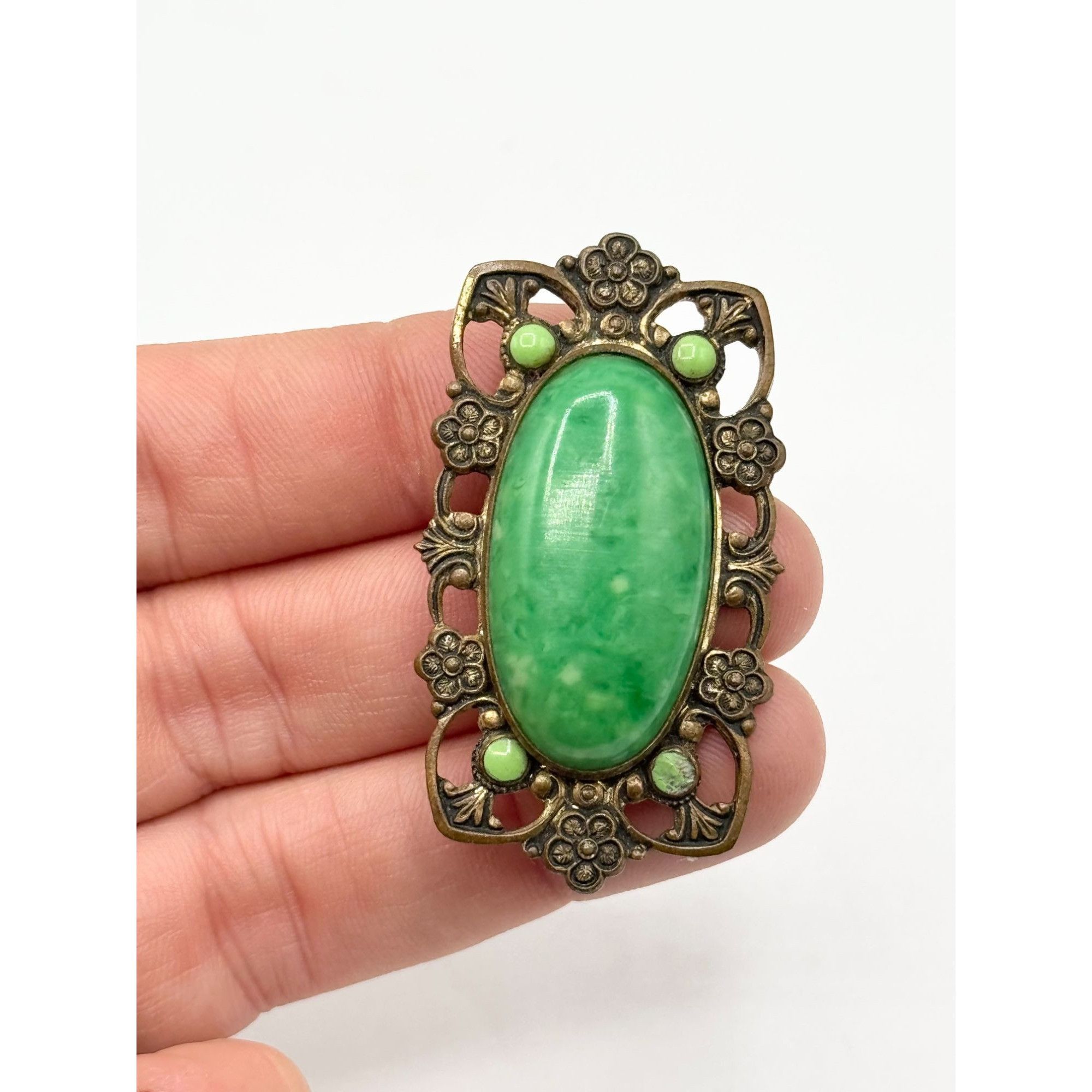 Vintage Vintage 1930's Oval Green Celluloid Floral Pin Brooch Size ONE SIZE - 5 Thumbnail