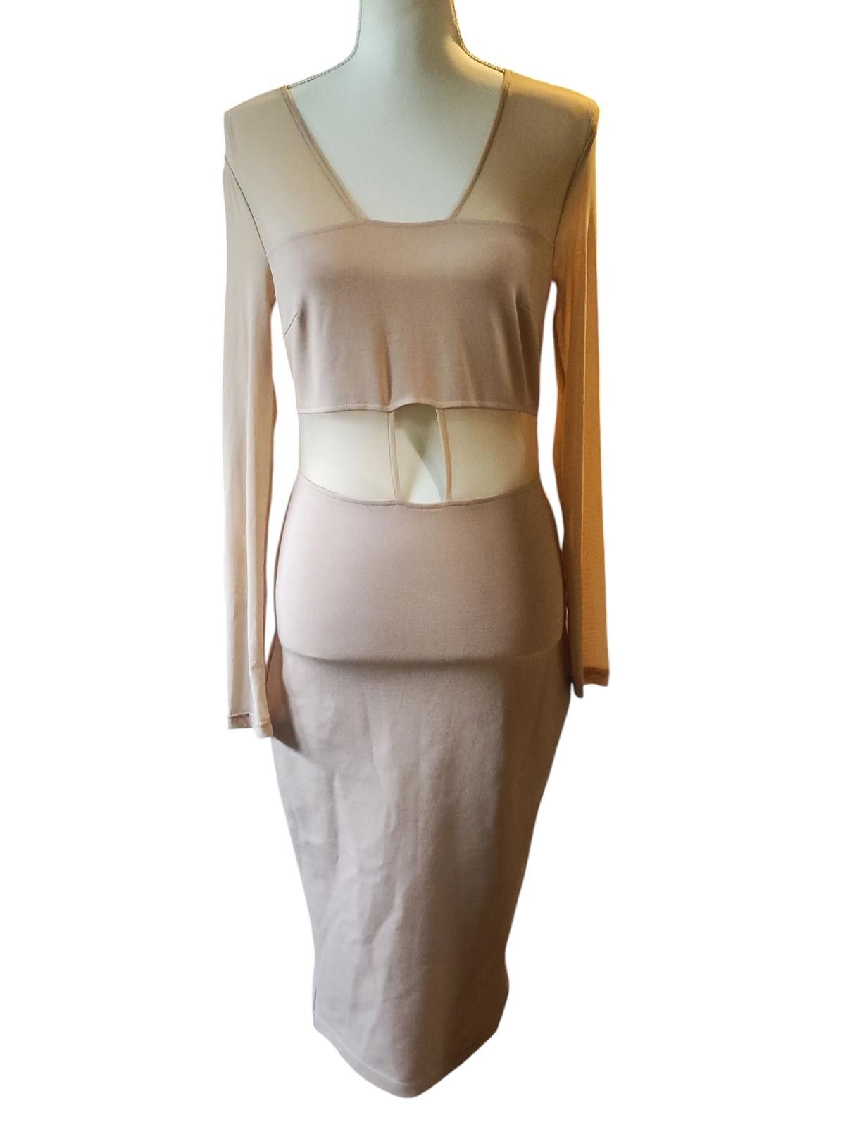 Designer Beige Long Sleeve Cutout Bodycon Dress by XTaren Size S / US 4 / IT 40 - 2 Thumbnail