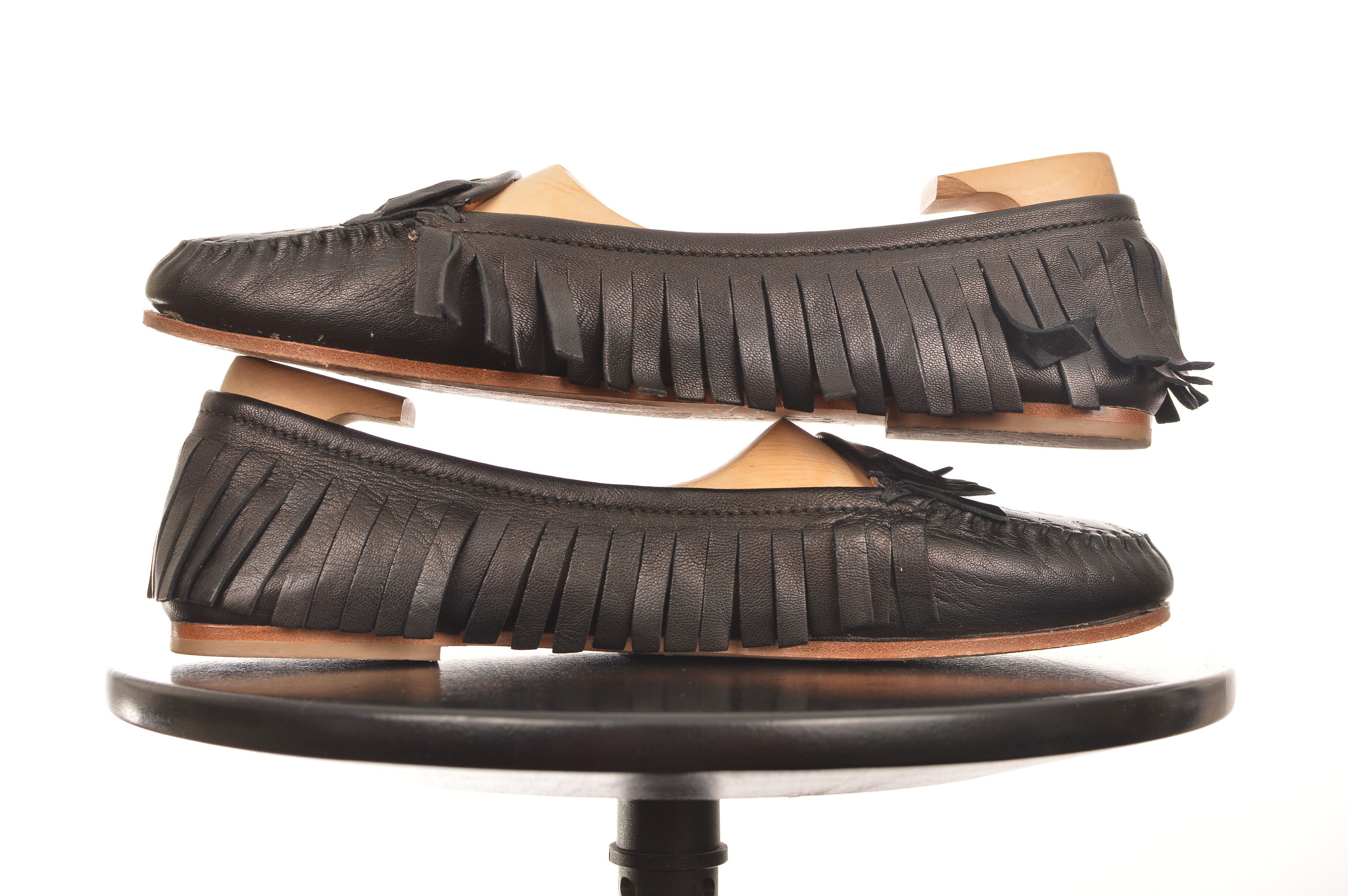 Tomas Maier Tomas Maier Black Leather Embossed Palm Tree Fringe Loafers Size US 8.5 / IT 38.5 - 5 Thumbnail