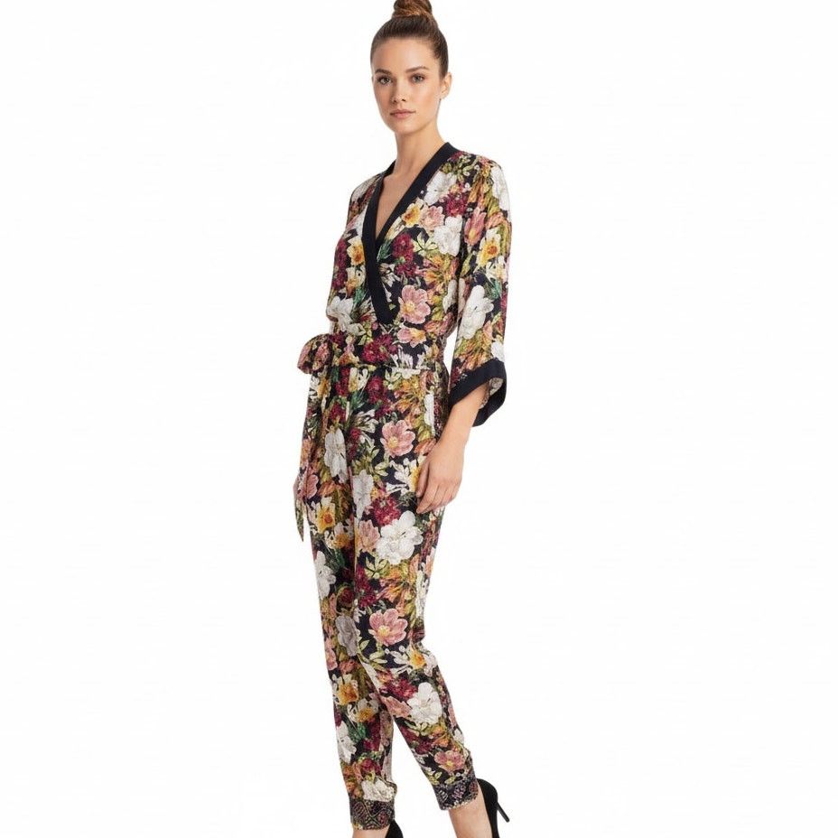 Alice + Olivia Alice + Oliva Walda Black Floral-Print Satin Jumpsuit, US0 Size 26" / US 2 / IT 38 - 1 Thumbnail