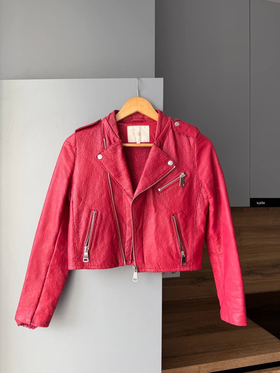 Maje Maje Embroidered Leather Biker Jacket Red Size XS / US 0-2 / IT 36-38 - 1 Thumbnail