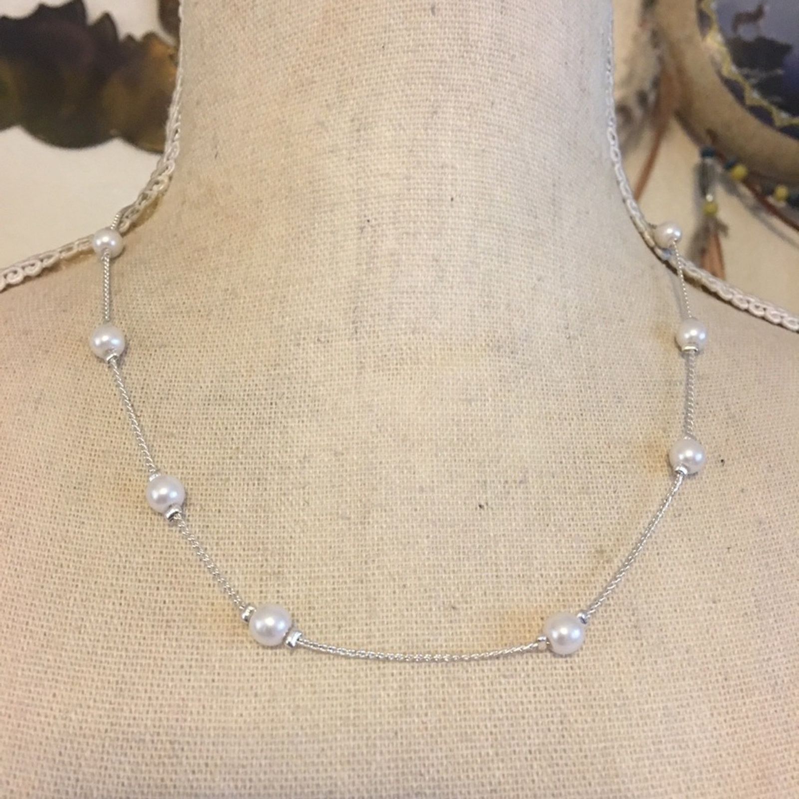 Jewelry Faux Pearl Accented Shiny Silver Tone Necklace, Women's