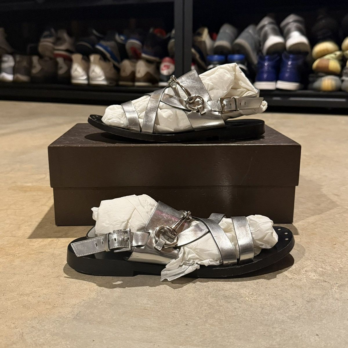 Gucci Gucci Silver Leather Horsebit Strappy Flat Sandals EU 37 Size US 7 / IT 37 - 1 Thumbnail