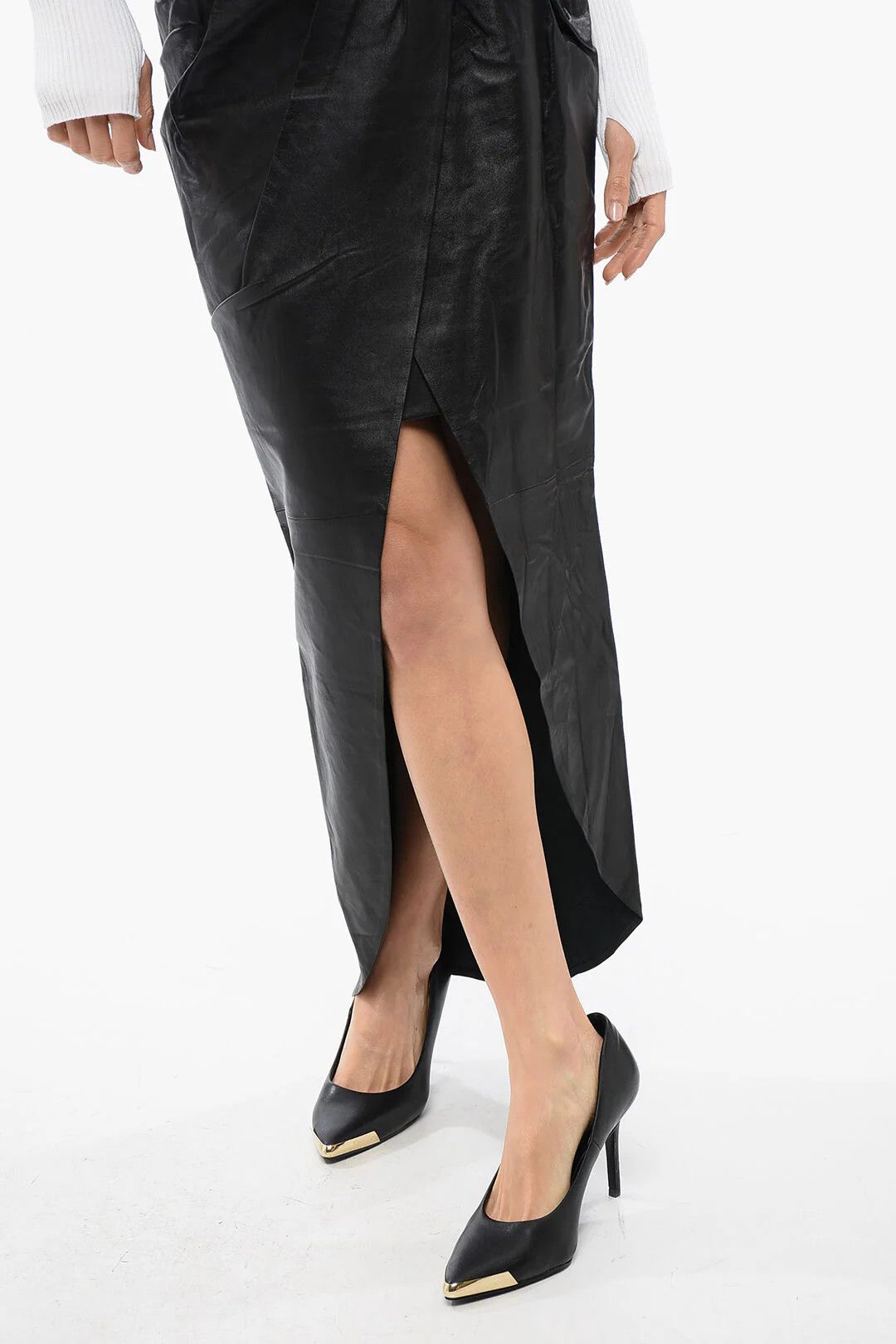 Balmain og1mm0326 Leather Midi Wrap Skirt in Black Size 40" / US 18 - 3 Thumbnail