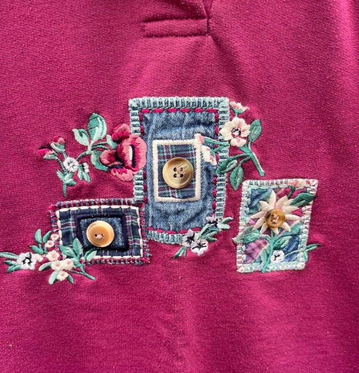 Jantzen Vintage 90s Magenta Collared Sweatshirt w Embroidered Floral Size L / US 10 / IT 46 - 5 Thumbnail