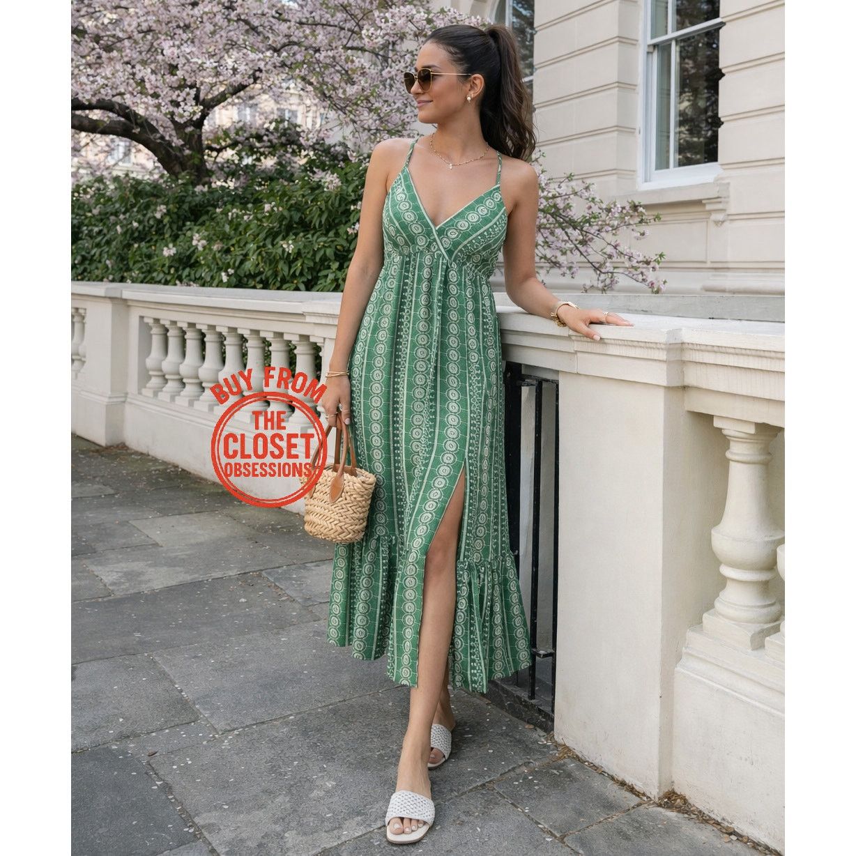 ZARA Green V-Neck Midi Dress NWT
