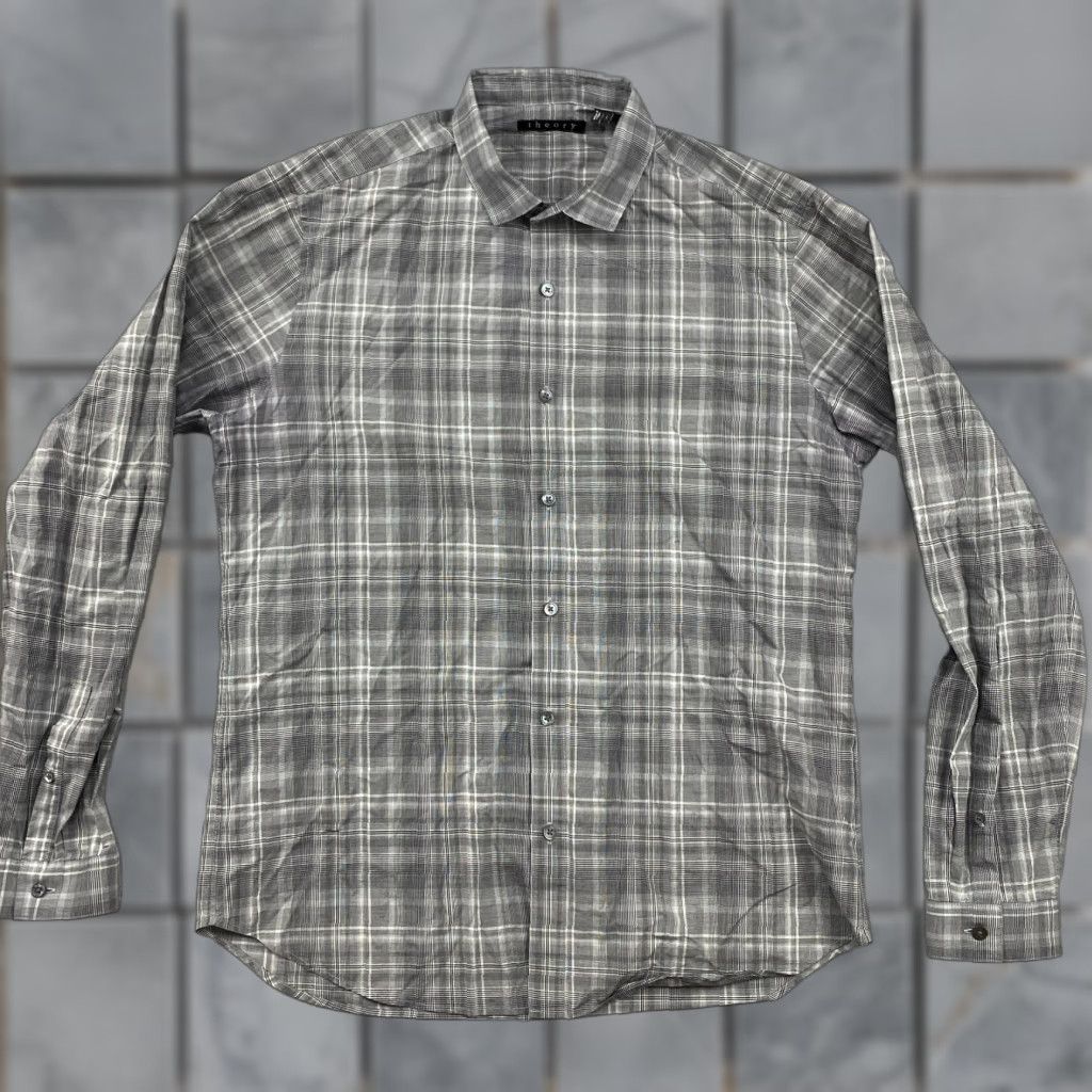 Theory VINTAGE? No. Theory Button-Up Shirt Mens L Gray Plaid Cotton Blend Mother of Pearl Buttons Long Sleeve Regular Fit Size US L / EU 52-54 / 3 - 1 Thumbnail