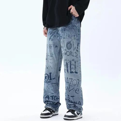 Japanese Brand Buggy jeans for men and women with graffiti print y2k Size US 34 / EU 50 - 4 Thumbnail