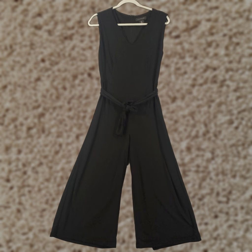 Vintage Tahari Womens Jumpsuit Size 4 Wide Leg Black Stretch Belted Zip Back V Neck Size 27" / US 4 / IT 40 - 1 Thumbnail