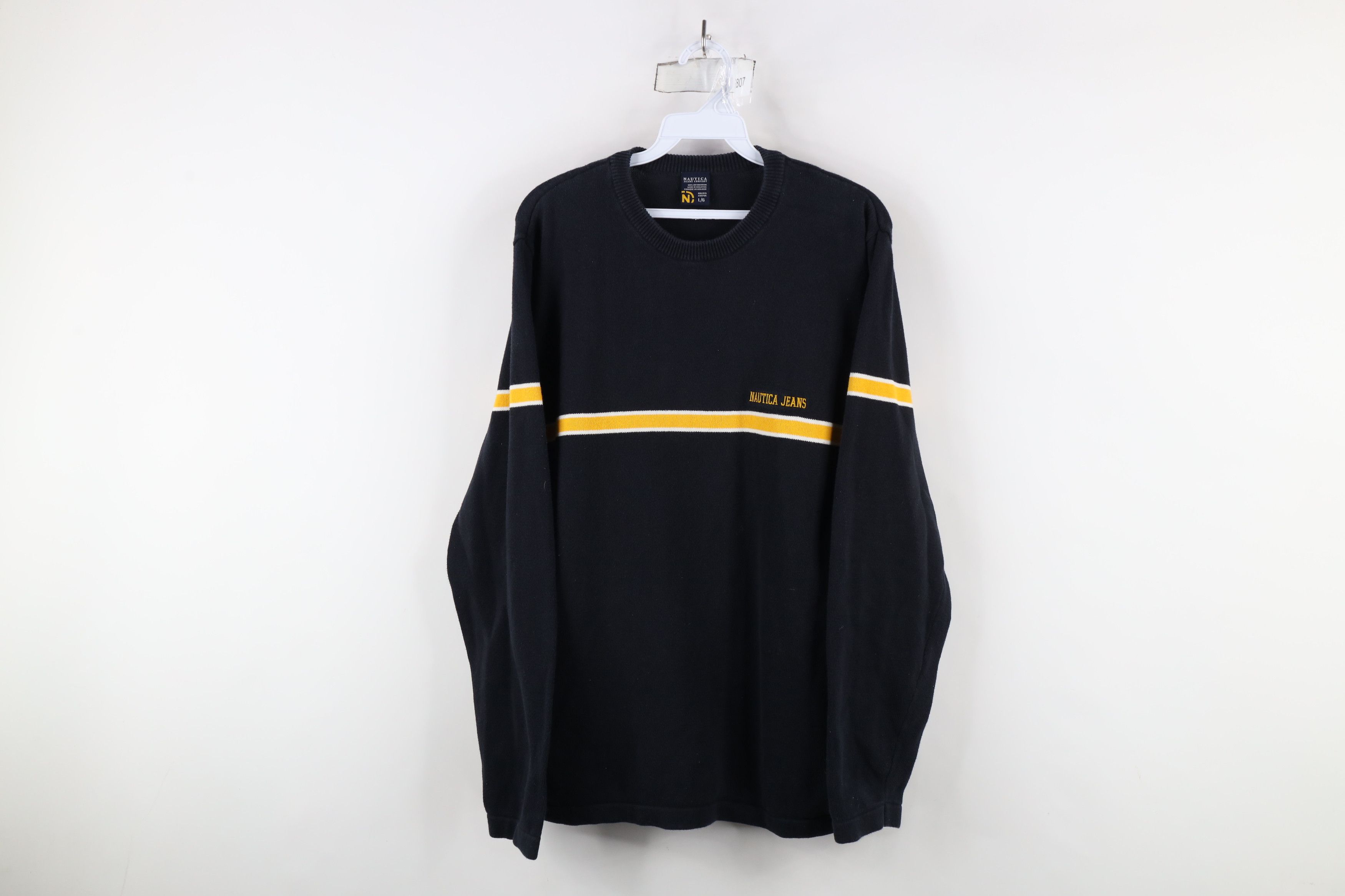 Nautica × Vintage Vintage 90s Nautica Spell Out Striped Knit Crewneck Sweater Size US L / EU 52-54 / 3 - 1 Thumbnail