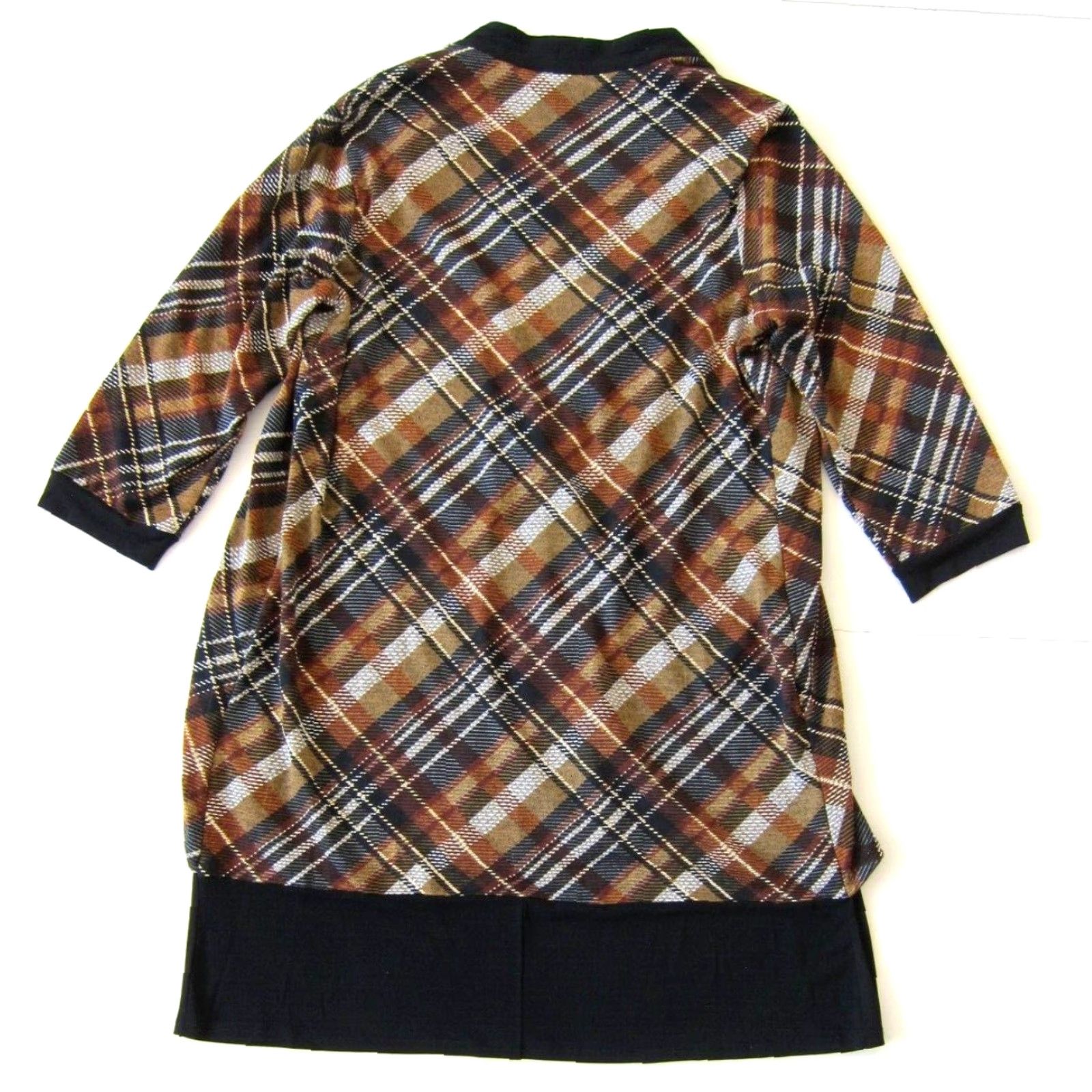 Vintage VINTAGE En Focus Women Black Brown Plaid Stretch 3/4 Sleeve Cardigan Tunic Dress 14W Size XL / US 12-14 / IT 48-50 - 2 Thumbnail