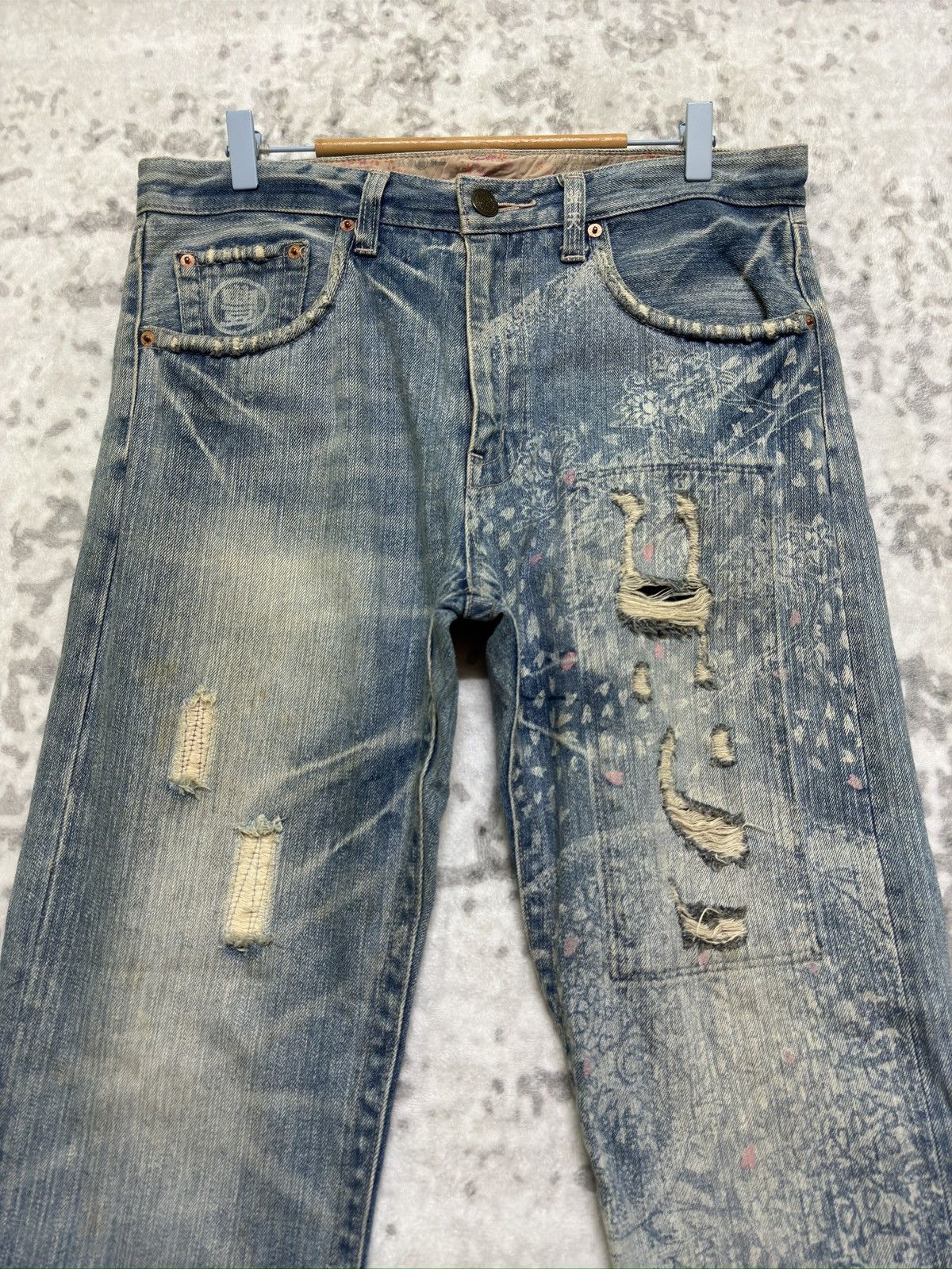 Hysteric Glamour Karakuri Tamashii Blue White Acid Wash Distressed Denim Size US 33 - 3 Thumbnail