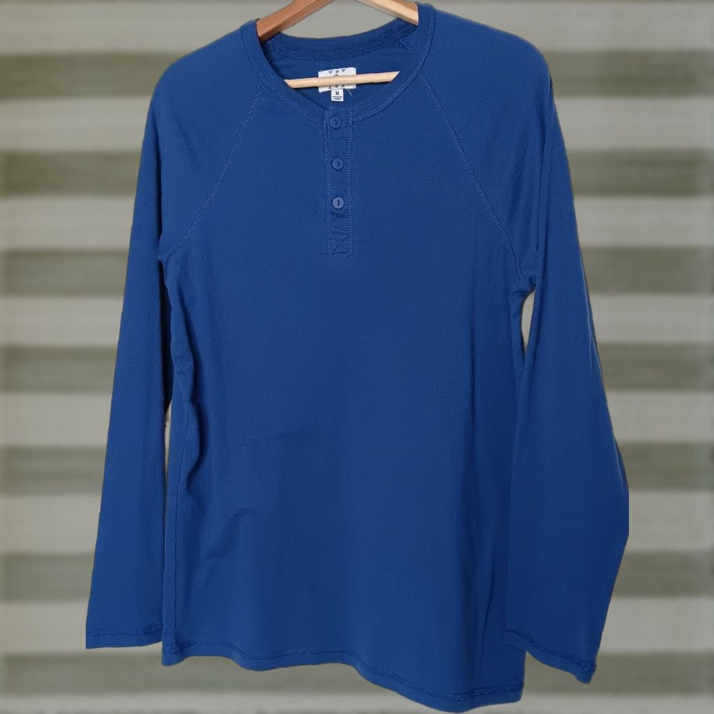Vintage Lanz of Salzburg Henley Shirt Women Medium Long Sleeve Blue Cotton Blend Button-Up Shirt Size M / US 6-8 / IT 42-44 - 1 Thumbnail